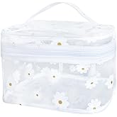 TotePrint Clear White Flower Cosmetic Bag and Travel Pouch with Handle-Durable PVC Material,Versatile,Zipper Design for Smooth Sliding-Ideal for Makeup,Travel Essentials