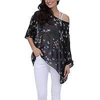 Vanbuy Women Summer Floral Printed Shirt Batwing Sleeve Top Chiffon Poncho Casual Loose Tunic Blouse Prime Z91-4299