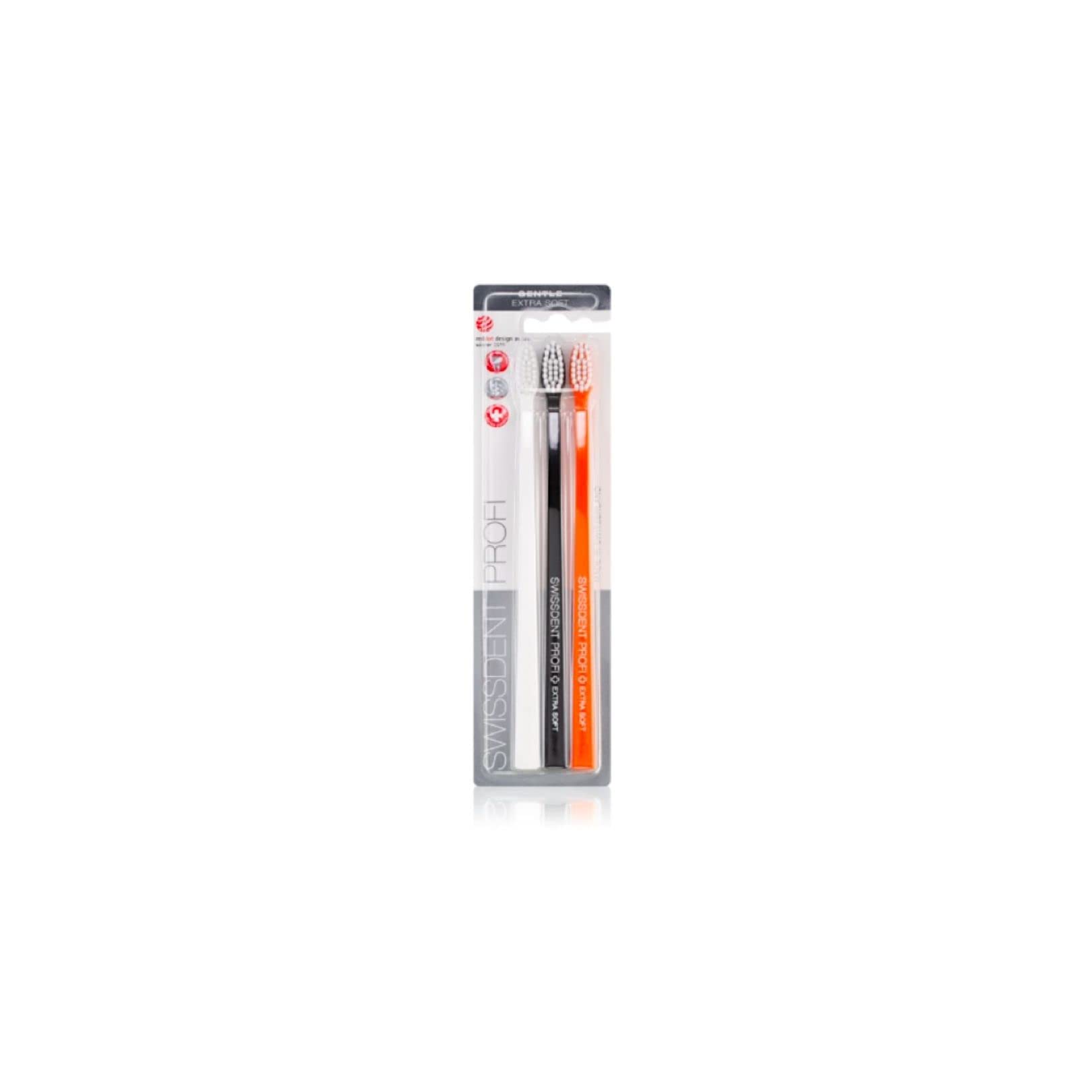 Swissdent Profi Extra Soft Gentle Toothbrush Trio (Pack of 3) – White, Black, Orange