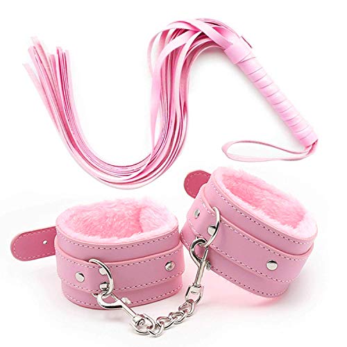 Leather Handcuffs Set Adjustable Handcuffs Whip Wristbands Bracelets with a Tassels, Multipurpose, Pink