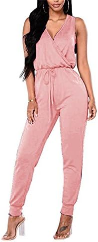 Women's Deep V Sleeveless Long Pants Plain Pocket Summer Drawstring Waisted Jumpsuits Rompers