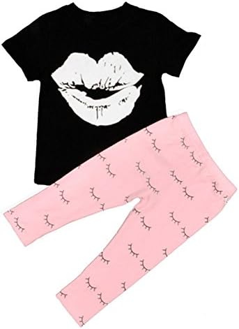 Kids Girls 2 Piece Set Lip Print Short Sleeve Top + Pink Leggings Outfits (Label80 / Age.6-12mos.)