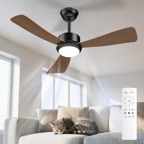 Airwit Ceiling Fan with Light 106 cm, Wood Effect Blades, Silent Ceiling Fan with Remote Control, Dimmable LED, Reversible DC Motor, 6 Speeds for Living Room Room