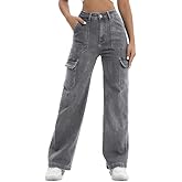 ETTELO Women Cargo Jeans High Waist Y2K Straight Leg Trendy Stretchy Lightweight Jeans for Women