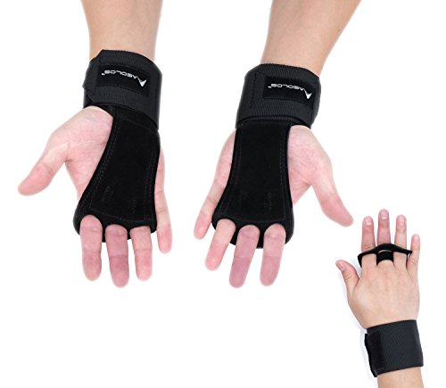 AEOLOS 3 Hole Leather Gymnastics Hand Grips with Wrist Wraps and Carry Bag, Small, Black