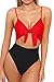 LEISUP Woman's Patchwork V Neck Spaghetti Strap High Cut Thong One Piece Swimsuit Red Black M