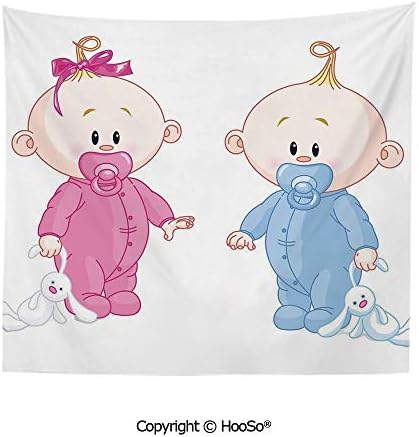 HooSo Durable Washable and Reusable Tapestry Wall Hanging Carpet 59x40in,Cheerful Boy and Girl Children with Bunny Pacifiers Twins,Pale Blue and Peach Comfy and No Strange Odor Home Decor