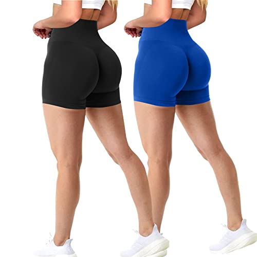 Xunerloy Confezione da 2 pantaloncini da motociclista per allenamento Scrunch da donna senza cuciture a vita alta Booty Lifting Athletic Gym Yoga Shorts multicolore, 2 pezzi: nero/blu, XS/S