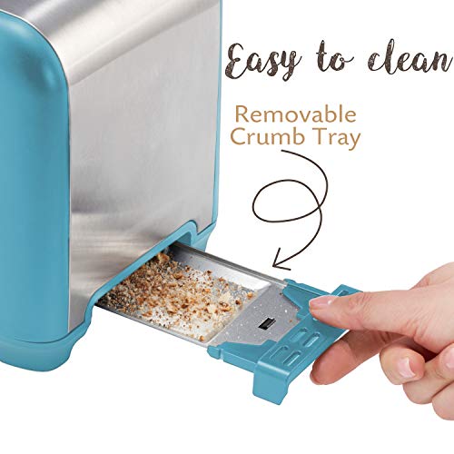 Wide Slot Toaster 2 Slice Retro Toaster, Matte Teal and Stainless Steel Small Toaster with