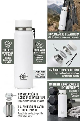 Cosmasen Botella de Agua Acero Inoxidable 1000 ml (1 Litro) - Cantimplora Térmica de Doble Pared al Vacío | Mantiene Frío 24h y Calor 12h | Botella Antifugas Sin BPA | Gimnasio y Oficina, Blanco