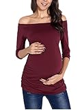 AnnAnn Womens Maternity Tunic Tops Off Shoulder 3/4Sleeve Classic Side Ruched T-shirt Pregnancy Clothes