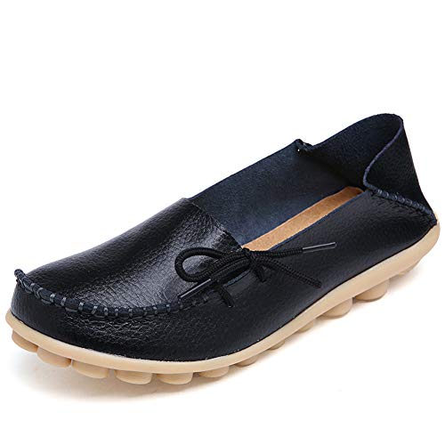 RT Group Women’s Leather Loafers Casual Shoes Moccasins Wild Breathable Flat Indoor Slip on Slippers (Size10, 1black) - Thumbnail 6