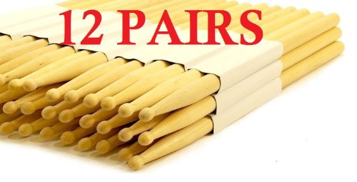 12 PAIRS - 5A WOOD TIP NATURAL MAPLE DRUMSTICKS PRO 24 DRUM STICKS NEW
