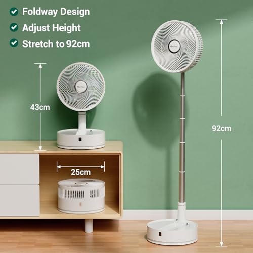 Marchpower Standing Fan with Remote Control, Adjustable Height Folding Portable Fan Silent with Timer and 5 Speed Adjustment, 7200 mAh Table Fan Rotates and Removes
