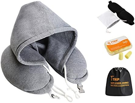 TTRIP Hooded Travel Pillow Set - Travel pillow with hoodie - Portable Memory Foam Airplane Pillow - Comfortable U Shaped Pillow with Hat - Sleep Mask, 5 Pairs of Earplugs, Carry Bag, Velour Cover