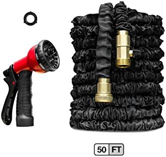 50 FT Expandable Garden Hose Heavy Duty Red Garden Nozzle included w/ Flexible Black Hose &amp; Brass Fittings for Deluxe Gardening