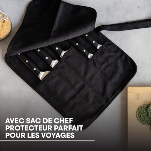 MasterChef Set Couteau Cuisine avec Malette Couteaux Professionnel, Lot Compris Couteau Chef, Santoku, Hachoir, Office et Legume, Acier Inox à Haut Carbone, 5 Pièces