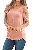Adreamly Women's Casual Summer Short Sleeve Loose Strappy Cold Shoulder Tops Basic T Shirts Blouses Blush X-Large
