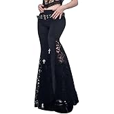 Women's Gothic Lace Flared Pants Wide Leg Palazzo Pants High Waist Mesh Bell Bottom Trousers for Party Festival Dance