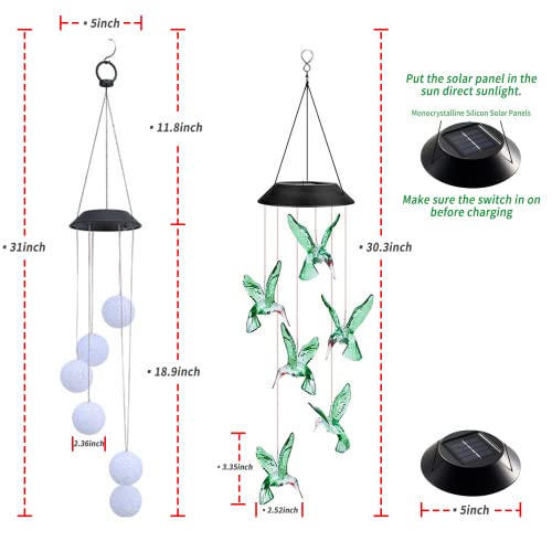 Hummingbird Solar Wind Chimes,2PC LED Memorial Wind Chimes,31Inch Solar Hummingbird and Crystal Ball Wind Chimes with Color Changing Lights, Best Gifts for Family, Garden/Patio Decor (Multicolor)