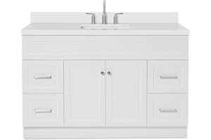 ARIEL 55" White Bathroom Vanity 1.5" Edge Pure White Quartz Countertop & Splash, Rectangular Sink, 2 Soft Closing Doors, 4 Full Extension Dovetail Drawers, Built in Toe Kick