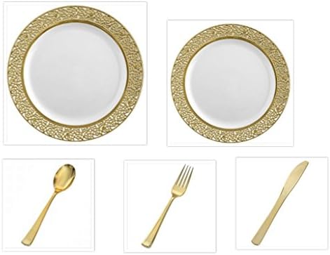 100 Pieces Premium Plastic China Plates Silverware Combo for 20 Guests WHITE with GOLD LACE Border and GOLD SILVERWARE Elegant Disposable Dinnerware - Weddings, Banquets, Parties Heavyweight Plastic