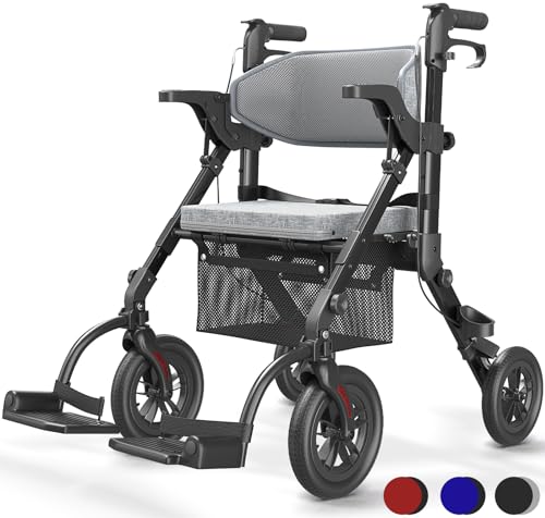 VOCIC 2 in 1 Rollstuhl Rollator Faltbar Leicht mit Sitz,Outdoor Gummireifen