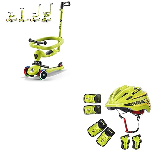 COOGHI Toddler Scooter, 4-in-1 Kids Scooter with Flashing Wheels & Kids Helmet Pads Set for Scooter Skateboarding Skating Biking BMX Skiing