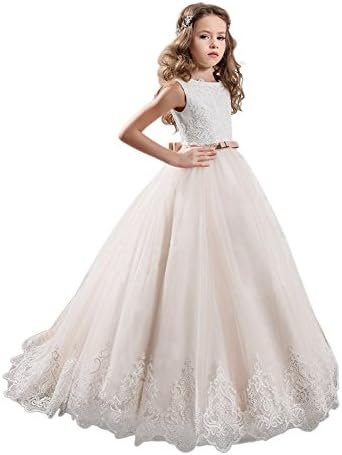 Ivory Long Lace Flower Girl Dresses Champagne Less Party Dress