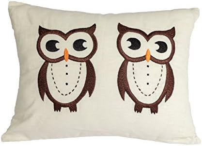 Decorative pillows lumbar cream cotton linen birds owl decoration embroidery cushion cover brown with zippered (12 inch x 16 inch)