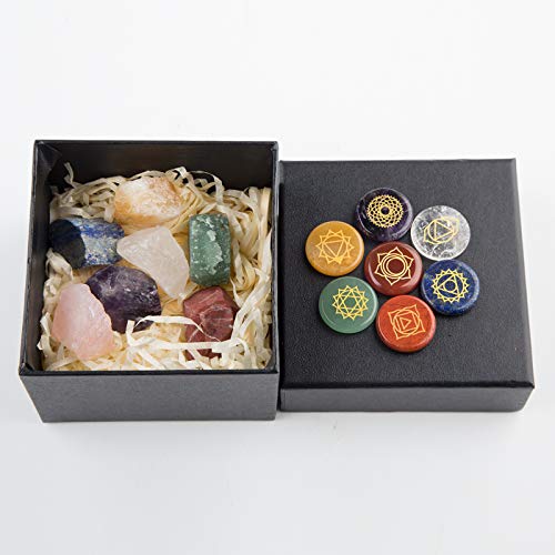 Chakra Stones,Natural Reiki Healing Crystal Chakra Stone Set Includes 7 Engraved Chakras,7 Chakra Raw Stones,Used for Yoga, Meditation, Zen, Aura Cleansing,Chakra Balance (7pcs-7pcs Raw Stones)