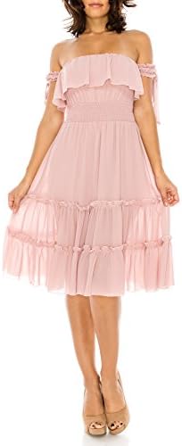 StyleEvery1 Women’s Off Shoulder Smoked Waist Tiered Summer Casual Midi Dress (Medium, Mauve)