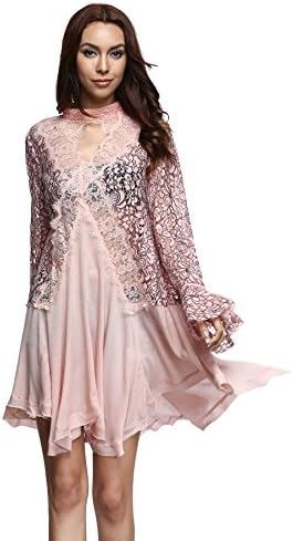 Jinhuanshow Women's Pieced Lace Tunic Low Cut Long Sleeve Dresses 4536(M,Pink)