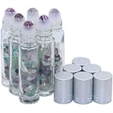 6PCS 10ml Colorful Fluorite Gemstone Roller Bottles Clear Glass Essential Oil Roll-on Bottles Perfume Sample Vials with Silver Caps and Healing Crystal Chips Inside