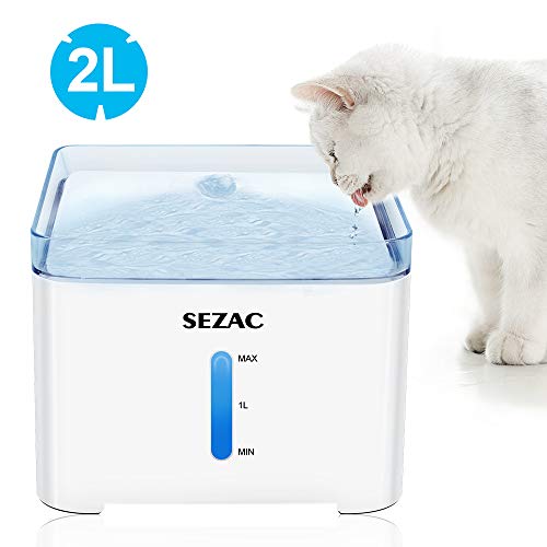 SEZAC Cat Water Dispenser, Pet Water Drinking Fountain 2L Automatic Dog Water Dispenser with 2 Replaceable Filters & 4 Pre-Filter Foam Cotton
