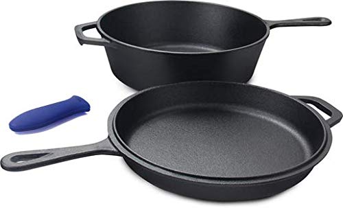CuisilandCast Iron Combo Cooker 3 PCS Set, 3.2QT Wok and 10” Frying Pan with a Silicone Handle