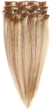 22" Clip in Extension Real Human Hair Clip Extensions Remy Hair Double Weft Dark Blonde Mix Bleach Blonde #18-613 7 Pieces 100gram/3.5oz