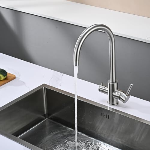 DETBOM 3 Way Kitchen Sink Tap for Osmosis Systems, 3 in 1 Double Lever Drinking Water, Hot and Cold, 360° Swivel, Stainless Steel, Brushed Silver