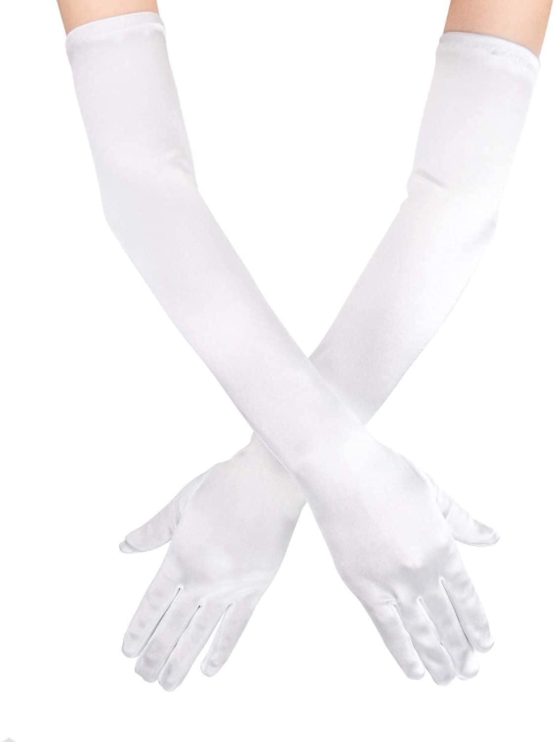 Photo 1 of SAVITA Long Elbow Satin Gloves - 21 inch Stretchy 1920s Opera Evening Party Dance Gloves for Women White