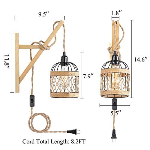 HOTRAN Rustic Wall Sconces Set of Two Plug in, Wall Lamps for Bedrooms Set of 2, Farmhouse Wall Mounted Lights for Bedside, Living Room,Sconces Wall Lighting Fixtures with 8.2Ft On/Off Switch Cord