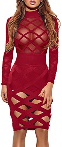 Wuxh Women's Sexy Long Sleeve Hollow Out Cocktail Clubwear Party Mini Bandage Bodycon Dress (Large, Style1-Wine Red)