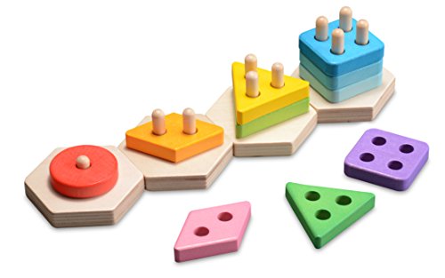Wooka Wooden Preschool Geometric Stacking Puzzle Educational Shapes and Colors Sorting Board Early Developmental Stacking Block Chunky Toys for Kids - Thumbnail 6