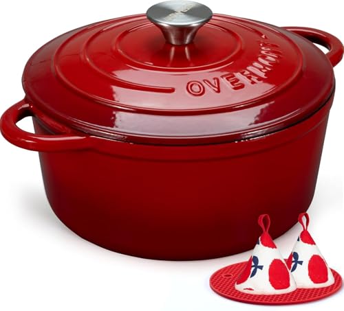 Overmont 26cm/5.2L Enamelled Cast Iron Round Casserole Dish With Lid,5.5QT, Cookbook -Non-stick Dutch Oven for Braising, Stews, Roasting, Bread Baking - Cherry red