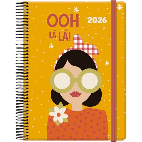 Dohe - Agenda 2026 - Día Página, Tamaño A5 (15x21 cm), Tapa Dura, Cierre de Espiral y Goma Elástica, 12 Meses Enero a Diciembre, 4 Páginas de Pegatinas, Planificador Anual en Español - Cute Oh Là Là