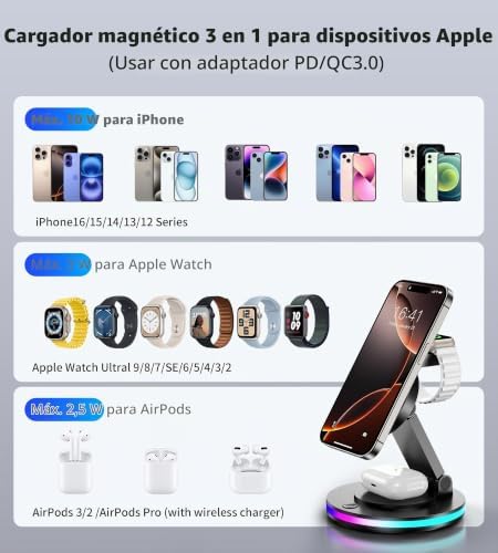 Cargador mag Safe, Estación de Carga 3 en 1 para Apple Watch y iPhone, Plegable, Giratorio con Ajuste de Luz, Cargador Inalámbrico Soporte de Carga para iPhone 16/15/14, AirPods (Sin Adaptador)-Negro