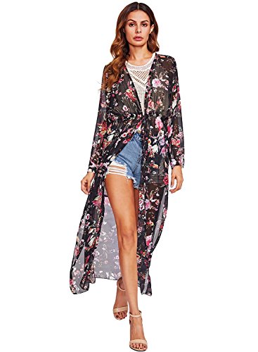 SOLYHUX Women's Casual Floral Chiffon Kimono Cardigan Blouse Beach Cover Up Multicolor S