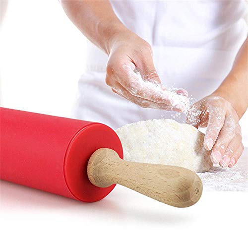 Axiba Silicone Rolling Pin Non-Stick Surface Wooden Handle for Kid Kitchen Cooking Baking Tool (Red)