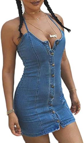 Hujukuludusu Women's Sexy Dress V-Neck Long Sleeve Denim Party A-line Skirt Dress