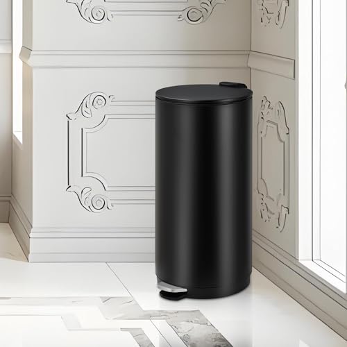 30L Round Kitchen Trash Can, 8 Gallon Compact Rubbish Bin with Soft-Close Lid and Foot Pedal, Stainless Steel Waste Container with Removable Inner Bucket for Bathroom, Living Room, White