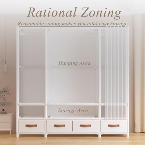 Portable Closet,Portable Closets for Hanging Clothes,Japanese Style Wardrobe with 3 Hanging Rods,9 Storage Shelves,56.2" L x 17.7" W x 65.1" H, (White)